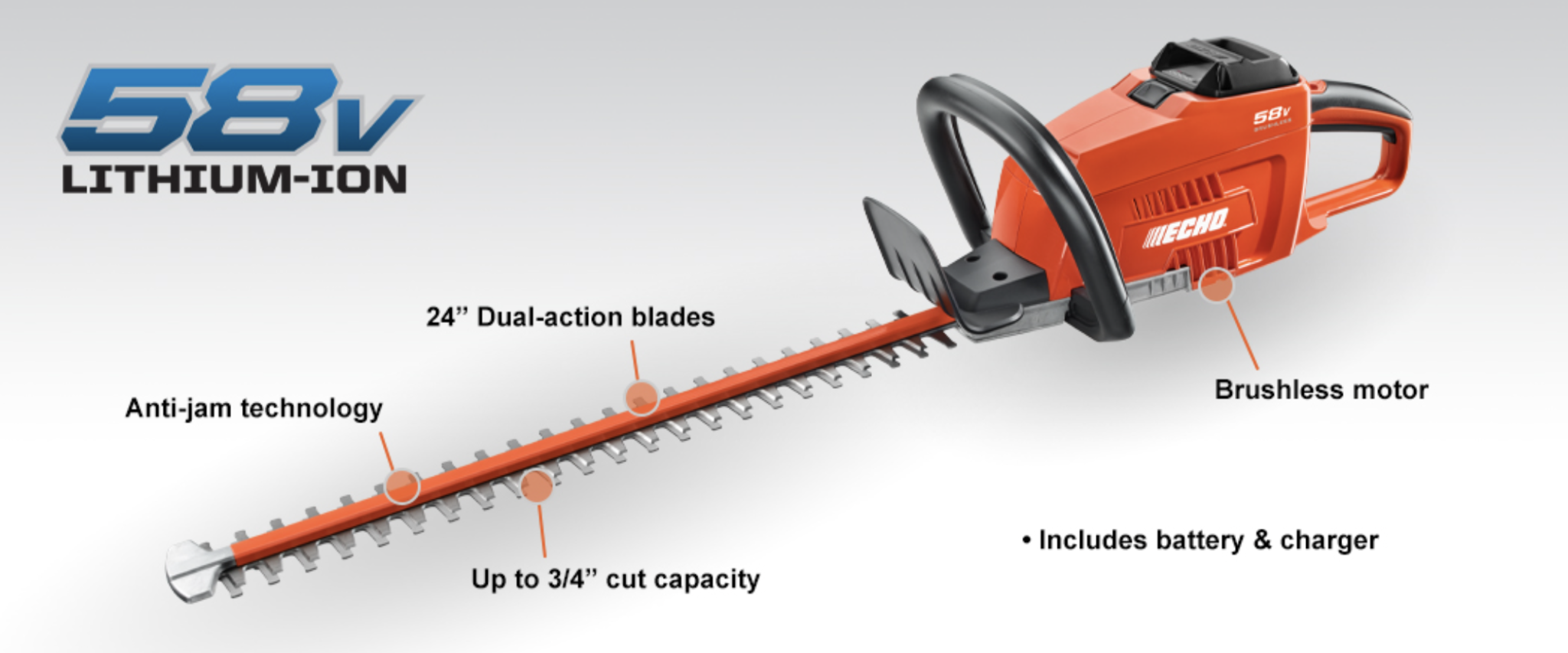 Echo CHT-58V2AH Cordless Hedge Trimmer with 2AH Battery & Charger